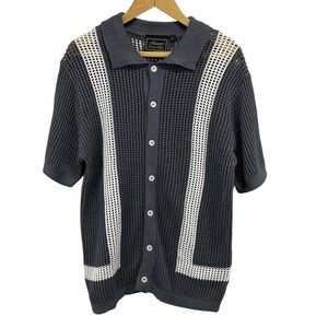 Massive Luxury‎ Edition Mens Sweater S Gray White Crochet Knit Polo Shirt Button